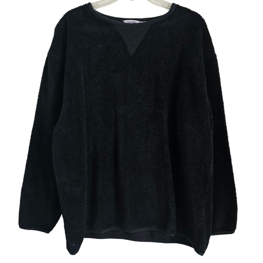 Vintage Liz and Jane Black Fuzzy Fleece V Neck Pullover Sweatshirt Womens‎ XL